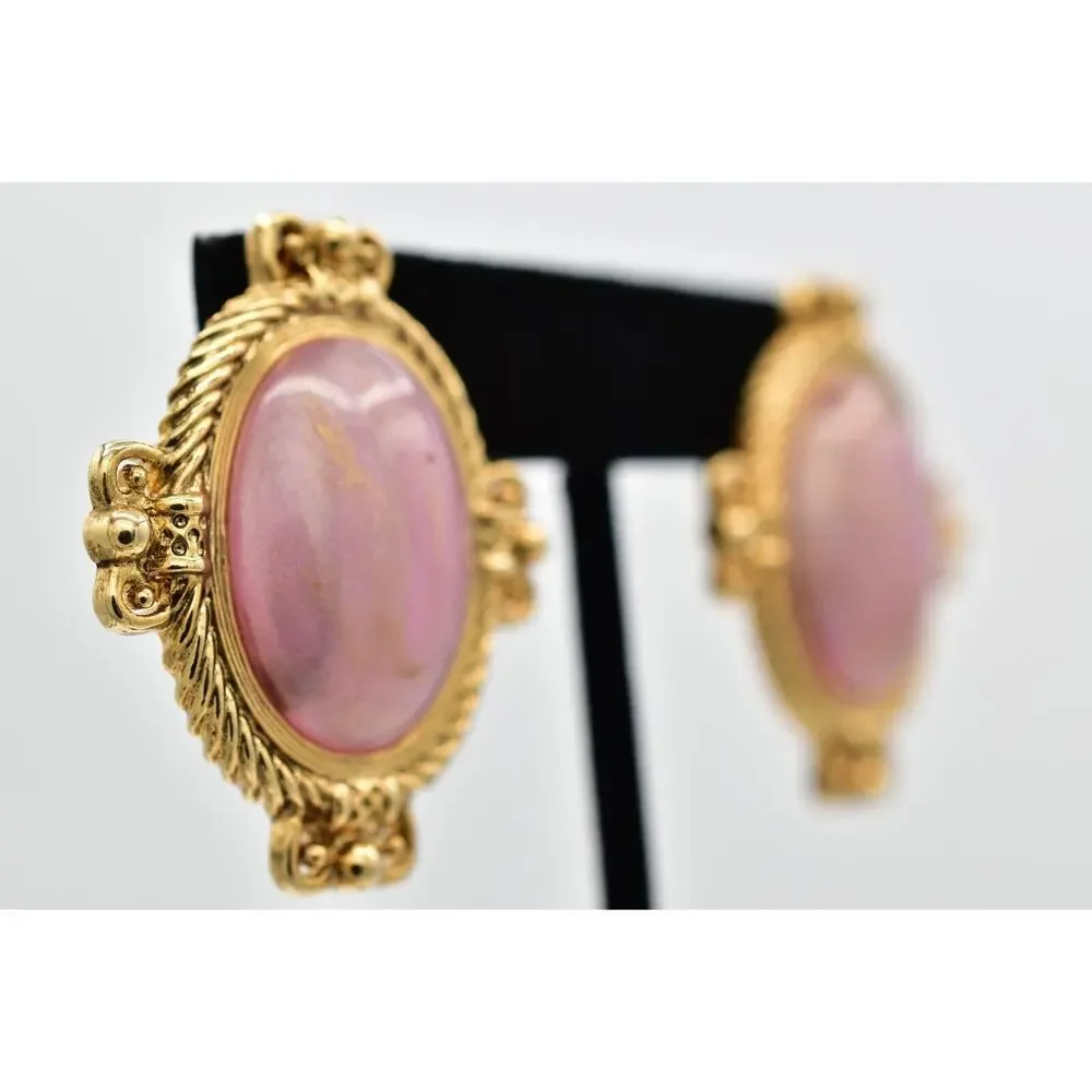 1928 Vintage Cabochon Clip On Earrings Mauve Oval Gold Heavy Chunky 1980s BinBB